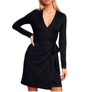 Lulus Literary Lover Black Wrap Knit Dress S